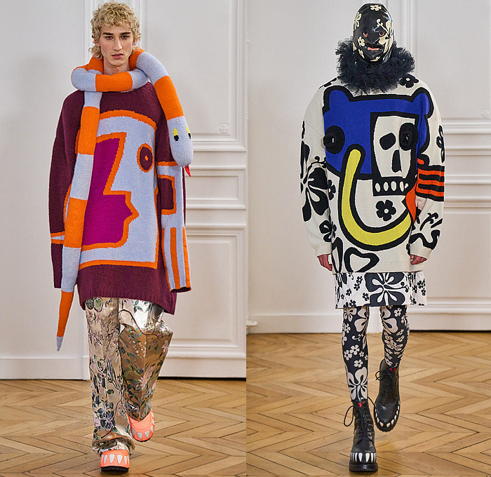 Walter Van Beirendonck 2024-2025 Fall Autumn Winter Mens Runway - Paris Fashion Week Homme Automne Hiver - Banana Wink Boom - Action Figure Toy Hair Headwear Paper Doll Cutout Blazer Volcano Flowers Floral Plaid Check Bomber Jacket Stripes Insect Arms Brain Pattern Pins Football Shoulders Padded Furry Fringes Cannonball Hole Balaclava Robe Coat Patchwork Leggings Snake Worm Scarf Knit Sweater Cartoon Quilted Puffer Jogger Sweatpants Shorts Handbag Legs Sneakers Gloves Boots