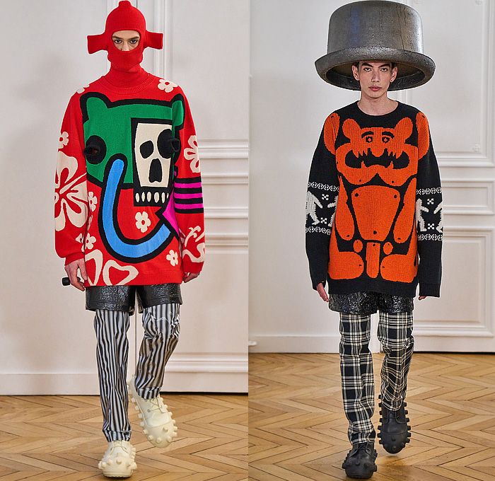 Walter Van Beirendonck 2024-2025 Fall Autumn Winter Mens Runway - Paris Fashion Week Homme Automne Hiver - Banana Wink Boom - Action Figure Toy Hair Headwear Paper Doll Cutout Blazer Volcano Flowers Floral Plaid Check Bomber Jacket Stripes Insect Arms Brain Pattern Pins Football Shoulders Padded Furry Fringes Cannonball Hole Balaclava Robe Coat Patchwork Leggings Snake Worm Scarf Knit Sweater Cartoon Quilted Puffer Jogger Sweatpants Shorts Handbag Legs Sneakers Gloves Boots