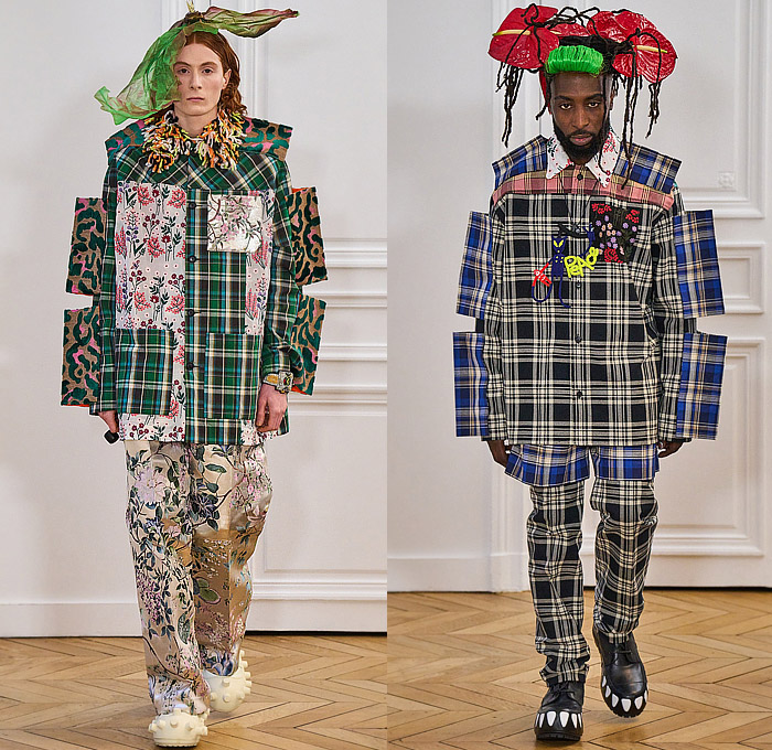 Walter Van Beirendonck 2024-2025 Fall Autumn Winter Mens Runway - Paris Fashion Week Homme Automne Hiver - Banana Wink Boom - Action Figure Toy Hair Headwear Paper Doll Cutout Blazer Volcano Flowers Floral Plaid Check Bomber Jacket Stripes Insect Arms Brain Pattern Pins Football Shoulders Padded Furry Fringes Cannonball Hole Balaclava Robe Coat Patchwork Leggings Snake Worm Scarf Knit Sweater Cartoon Quilted Puffer Jogger Sweatpants Shorts Handbag Legs Sneakers Gloves Boots