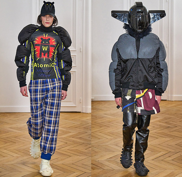 Walter Van Beirendonck 2024-2025 Fall Autumn Winter Mens Runway - Paris Fashion Week Homme Automne Hiver - Banana Wink Boom - Action Figure Toy Hair Headwear Paper Doll Cutout Blazer Volcano Flowers Floral Plaid Check Bomber Jacket Stripes Insect Arms Brain Pattern Pins Football Shoulders Padded Furry Fringes Cannonball Hole Balaclava Robe Coat Patchwork Leggings Snake Worm Scarf Knit Sweater Cartoon Quilted Puffer Jogger Sweatpants Shorts Handbag Legs Sneakers Gloves Boots