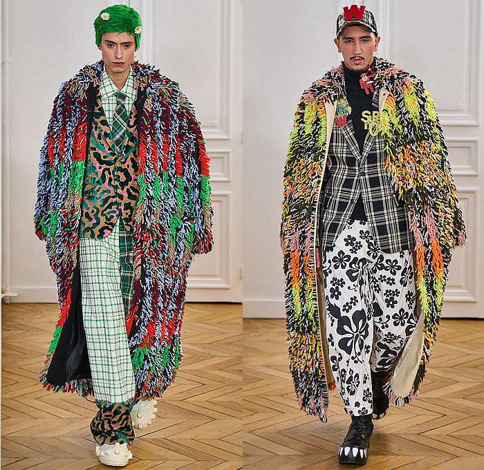 Walter Van Beirendonck 2024-2025 Fall Autumn Winter Mens Runway - Paris Fashion Week Homme Automne Hiver - Banana Wink Boom - Action Figure Toy Hair Headwear Paper Doll Cutout Blazer Volcano Flowers Floral Plaid Check Bomber Jacket Stripes Insect Arms Brain Pattern Pins Football Shoulders Padded Furry Fringes Cannonball Hole Balaclava Robe Coat Patchwork Leggings Snake Worm Scarf Knit Sweater Cartoon Quilted Puffer Jogger Sweatpants Shorts Handbag Legs Sneakers Gloves Boots