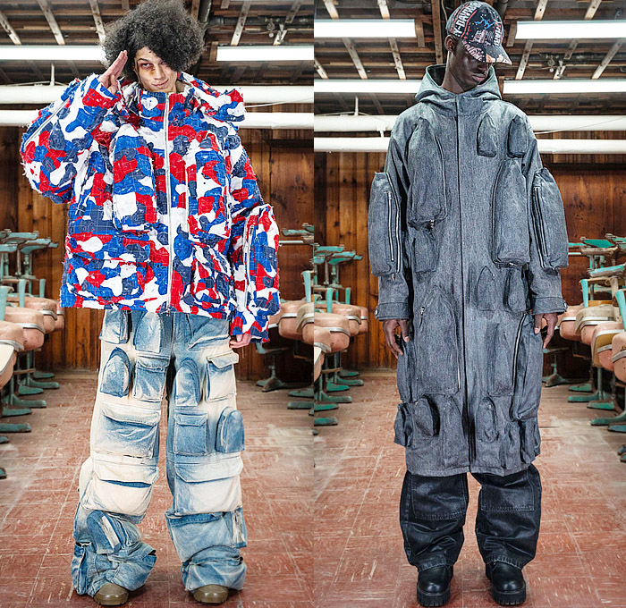 Who Decides War 2024-2025 Fall Autumn Winter Mens Lookbook - Aphorism - Cathedral Stained Glass Windows Utility Pockets Destroyed Destructed Camouflage Oversized Parka Hood Coat Vest Patchwork Patches Sweater Deconstructed Jacketskirt Fatigues Military Cowhide Suede Fur Biker Bomber Jacket Embroidery Words Typography Steel Plate Nip Tuck Pattern Leather Zipper Quilted Puffer Straps Bandages Spray Paint Cargo Pants Wide Leg Denim Jeans Hat Knit Cap Handbag