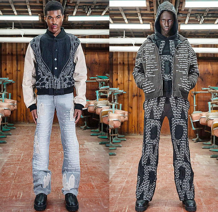 Who Decides War 2024-2025 Fall Autumn Winter Mens Lookbook - Aphorism - Cathedral Stained Glass Windows Utility Pockets Destroyed Destructed Camouflage Oversized Parka Hood Coat Vest Patchwork Patches Sweater Deconstructed Jacketskirt Fatigues Military Cowhide Suede Fur Biker Bomber Jacket Embroidery Words Typography Steel Plate Nip Tuck Pattern Leather Zipper Quilted Puffer Straps Bandages Spray Paint Cargo Pants Wide Leg Denim Jeans Hat Knit Cap Handbag