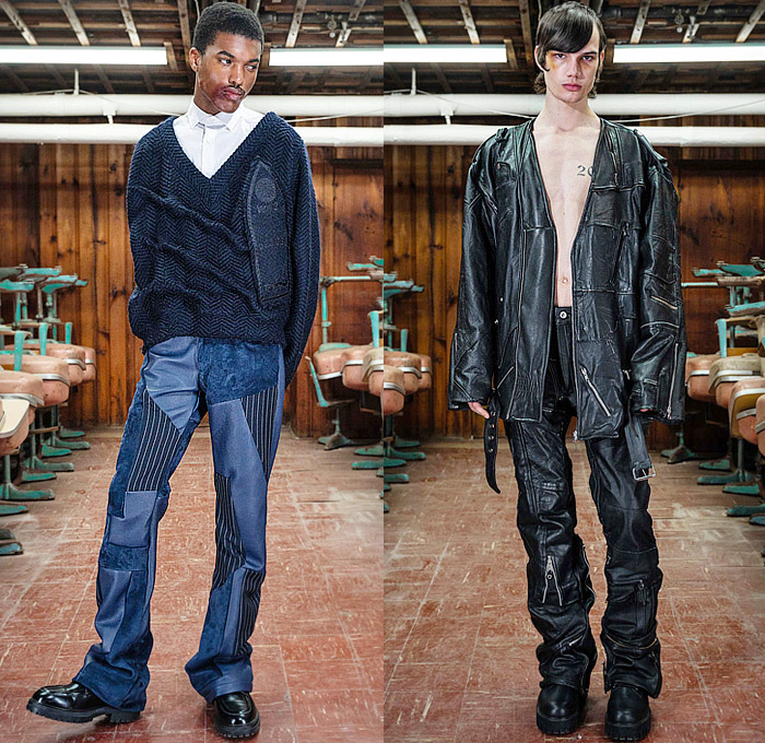 Who Decides War 2024-2025 Fall Autumn Winter Mens Lookbook - Aphorism - Cathedral Stained Glass Windows Utility Pockets Destroyed Destructed Camouflage Oversized Parka Hood Coat Vest Patchwork Patches Sweater Deconstructed Jacketskirt Fatigues Military Cowhide Suede Fur Biker Bomber Jacket Embroidery Words Typography Steel Plate Nip Tuck Pattern Leather Zipper Quilted Puffer Straps Bandages Spray Paint Cargo Pants Wide Leg Denim Jeans Hat Knit Cap Handbag