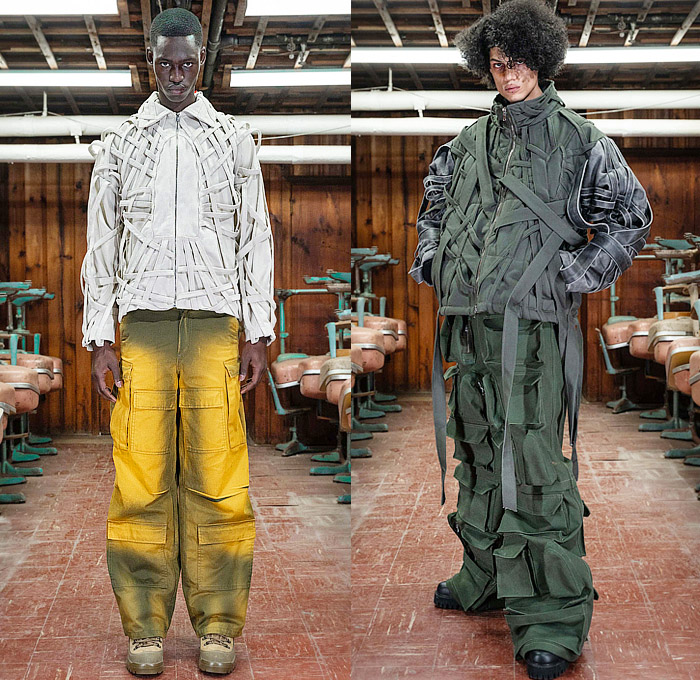 Who Decides War 2024-2025 Fall Autumn Winter Mens Lookbook - Aphorism - Cathedral Stained Glass Windows Utility Pockets Destroyed Destructed Camouflage Oversized Parka Hood Coat Vest Patchwork Patches Sweater Deconstructed Jacketskirt Fatigues Military Cowhide Suede Fur Biker Bomber Jacket Embroidery Words Typography Steel Plate Nip Tuck Pattern Leather Zipper Quilted Puffer Straps Bandages Spray Paint Cargo Pants Wide Leg Denim Jeans Hat Knit Cap Handbag