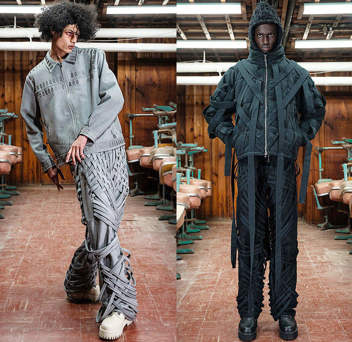Who Decides War 2024-2025 Fall Autumn Winter Mens Lookbook - Aphorism - Cathedral Stained Glass Windows Utility Pockets Destroyed Destructed Camouflage Oversized Parka Hood Coat Vest Patchwork Patches Sweater Deconstructed Jacketskirt Fatigues Military Cowhide Suede Fur Biker Bomber Jacket Embroidery Words Typography Steel Plate Nip Tuck Pattern Leather Zipper Quilted Puffer Straps Bandages Spray Paint Cargo Pants Wide Leg 01Denim Jeans Hat Knit Cap Handbag