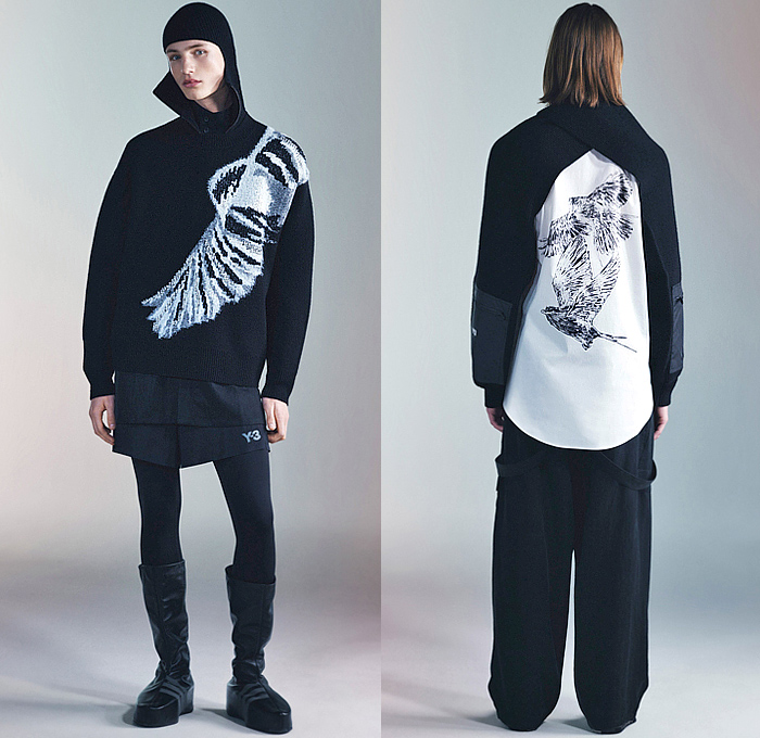 Y-3 2024-2025 Fall Autumn Winter Mens Lookbook Presentation - Yohji Yamamoto + Adidas - Hood Knit Sweater Jumper Lilac Bird Shorts Leggings Tights Open Back Backless Cutout Utility Pockets Wide Leg Baggy Loose Cargo Pants Straps Bands Bandage Three-Stripe Trackwear Sheer Buttons Track Pants Suspenders Outerwear Parka Coat Tie-Dye Boots Sneakers Headband 