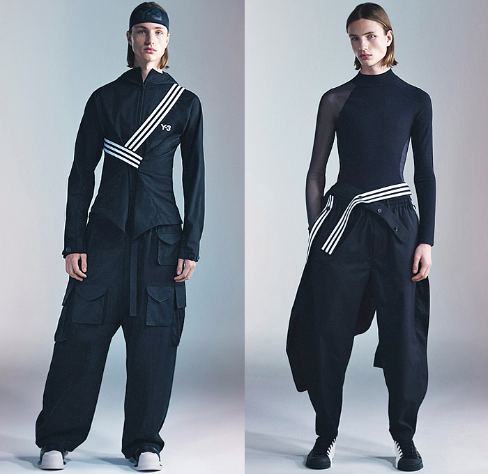 Y-3 2024-2025 Fall Autumn Winter Mens Lookbook Presentation - Yohji Yamamoto + Adidas - Hood Knit Sweater Jumper Lilac Bird Shorts Leggings Tights Open Back Backless Cutout Utility Pockets Wide Leg Baggy Loose Cargo Pants Straps Bands Bandage Three-Stripe Trackwear Sheer Buttons Track Pants Suspenders Outerwear Parka Coat Tie-Dye Boots Sneakers Headband 