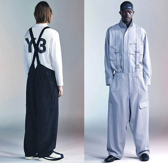 Y-3 2024-2025 Fall Autumn Winter Mens Lookbook Presentation - Yohji Yamamoto + Adidas - Hood Knit Sweater Jumper Lilac Bird Shorts Leggings Tights Open Back Backless Cutout Utility Pockets Wide Leg Baggy Loose Cargo Pants Straps Bands Bandage Three-Stripe Trackwear Sheer Buttons Track Pants Suspenders Outerwear Parka Coat Tie-Dye Boots Sneakers Headband 