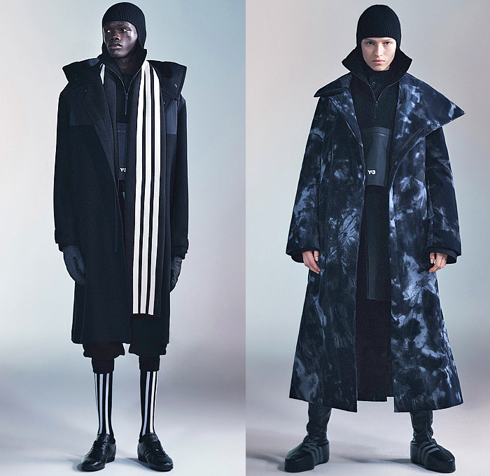 Y-3 2024-2025 Fall Autumn Winter Mens Lookbook Presentation - Yohji Yamamoto + Adidas - Hood Knit Sweater Jumper Lilac Bird Shorts Leggings Tights Open Back Backless Cutout Utility Pockets Wide Leg Baggy Loose Cargo Pants Straps Bands Bandage Three-Stripe Trackwear Sheer Buttons Track Pants Suspenders Outerwear Parka Coat Tie-Dye Boots Sneakers Headband 