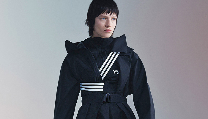 Y-3 2024-2025 Fall Autumn Winter Womens Lookbook - Yohji Yamamoto + Adidas - Onesie Jumpsuit Coveralls Wide Leg Turtleneck Pockets Knit Scarf Sleeve Asymmetrical One Shoulder Trackwear Track Pants Jogger Dress Blouse Long Sleeve Fold Over Skirt Stripes 3-Stripe Strap Bands Bandage Hood Quilted Puffer Jacket Parka Blazer Outerwear Trench Coat Tie-Dye Tights Leggings Crop Top Midriff Vest Sneakers Boots