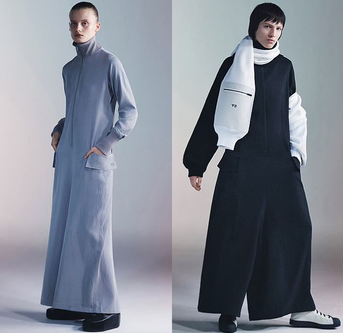 Y-3 2024-2025 Fall Autumn Winter Womens Lookbook - Yohji Yamamoto + Adidas - Onesie Jumpsuit Coveralls Wide Leg Turtleneck Pockets Knit Scarf Sleeve Asymmetrical One Shoulder Trackwear Track Pants Jogger Dress Blouse Long Sleeve Fold Over Skirt Stripes 3-Stripe Strap Bands Bandage Hood Quilted Puffer Jacket Parka Blazer Outerwear Trench Coat Tie-Dye Tights Leggings Crop Top Midriff Vest Sneakers Boots