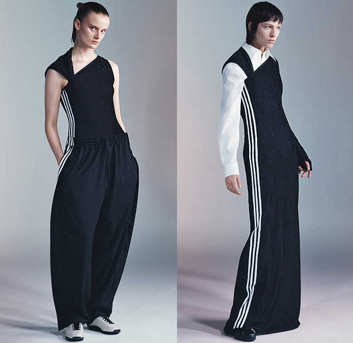 Y-3 2024-2025 Fall Autumn Winter Womens Lookbook - Yohji Yamamoto + Adidas - Onesie Jumpsuit Coveralls Wide Leg Turtleneck Pockets Knit Scarf Sleeve Asymmetrical One Shoulder Trackwear Track Pants Jogger Dress Blouse Long Sleeve Fold Over Skirt Stripes 3-Stripe Strap Bands Bandage Hood Quilted Puffer Jacket Parka Blazer Outerwear Trench Coat Tie-Dye Tights Leggings Crop Top Midriff Vest Sneakers Boots