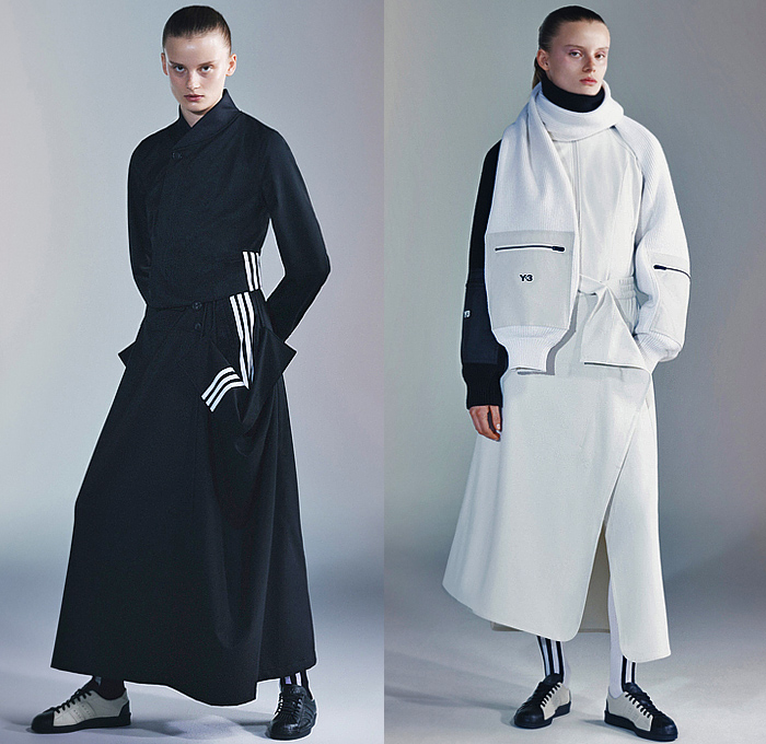 Y-3 2024-2025 Fall Autumn Winter Womens Lookbook - Yohji Yamamoto + Adidas - Onesie Jumpsuit Coveralls Wide Leg Turtleneck Pockets Knit Scarf Sleeve Asymmetrical One Shoulder Trackwear Track Pants Jogger Dress Blouse Long Sleeve Fold Over Skirt Stripes 3-Stripe Strap Bands Bandage Hood Quilted Puffer Jacket Parka Blazer Outerwear Trench Coat Tie-Dye Tights Leggings Crop Top Midriff Vest Sneakers Boots