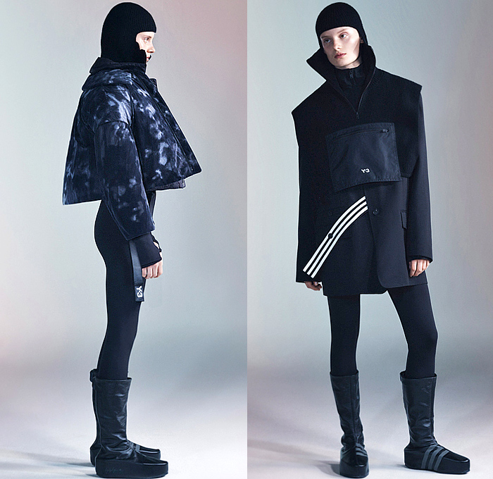 Y-3 2024-2025 Fall Autumn Winter Womens Lookbook - Yohji Yamamoto + Adidas - Onesie Jumpsuit Coveralls Wide Leg Turtleneck Pockets Knit Scarf Sleeve Asymmetrical One Shoulder Trackwear Track Pants Jogger Dress Blouse Long Sleeve Fold Over Skirt Stripes 3-Stripe Strap Bands Bandage Hood Quilted Puffer Jacket Parka Blazer Outerwear Trench Coat Tie-Dye Tights Leggings Crop Top Midriff Vest Sneakers Boots