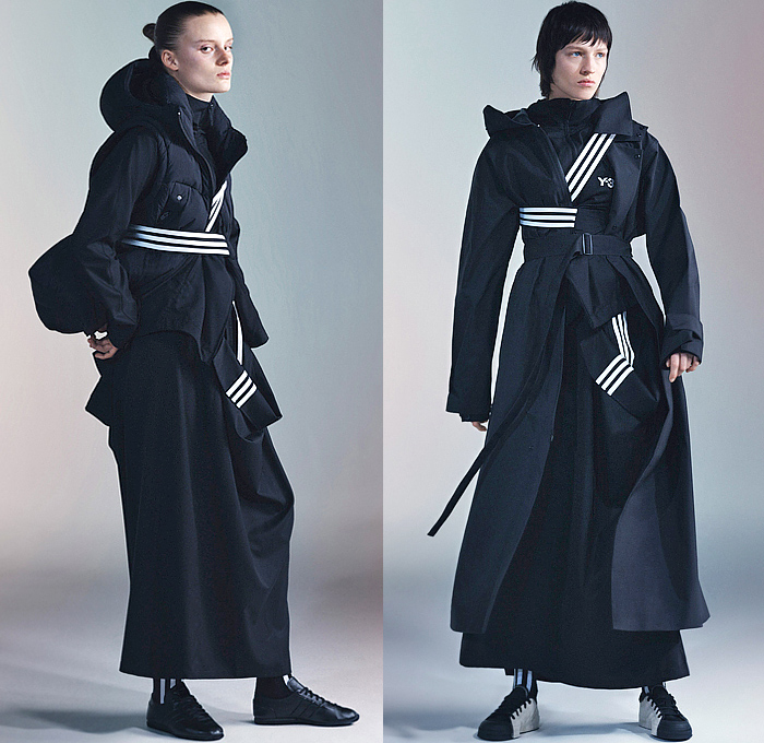 Y-3 2024-2025 Fall Autumn Winter Womens Lookbook - Yohji Yamamoto + Adidas - Onesie Jumpsuit Coveralls Wide Leg Turtleneck Pockets Knit Scarf Sleeve Asymmetrical One Shoulder Trackwear Track Pants Jogger Dress Blouse Long Sleeve Fold Over Skirt Stripes 3-Stripe Strap Bands Bandage Hood Quilted Puffer Jacket Parka Blazer Outerwear Trench Coat Tie-Dye Tights Leggings Crop Top Midriff Vest Sneakers Boots