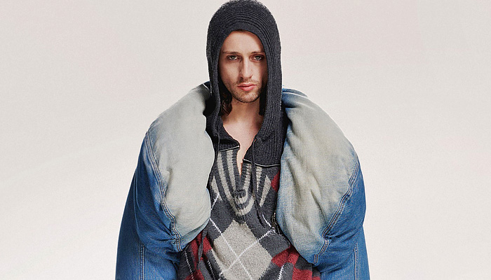 Y/Project 2024-2025 Fall Autumn Winter Mens Lookbook Presentation - Deconstructed Hybrid Experimental Denim Jeans Layers Snap Buttons Tearaway Extra Hem Patches Patchwork Plaid Check Argyle Sweater Knit Jumper Fur Shearling Vest Gilet Hood Outerwear Coat Oversized Quilted Puffer Cargo Pants Utility Pockets Wide Leg Baggy Loose Slouchy Shirt Funnel Neck Draped Blazer Suit Trainers Sneakers