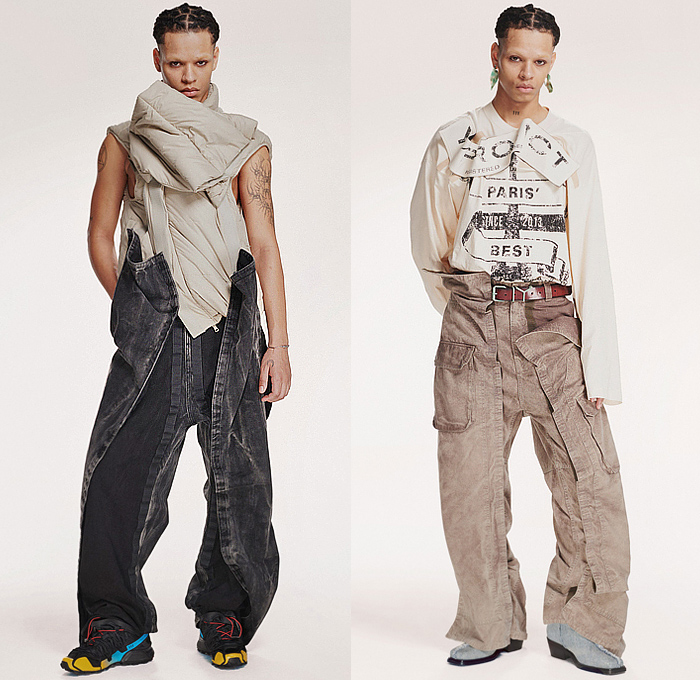 Y/Project 2024-2025 Fall Autumn Winter Mens Lookbook Presentation - Deconstructed Hybrid Experimental Denim Jeans Layers Snap Buttons Tearaway Extra Hem Patches Patchwork Plaid Check Argyle Sweater Knit Jumper Fur Shearling Vest Gilet Hood Outerwear Coat Oversized Quilted Puffer Cargo Pants Utility Pockets Wide Leg Baggy Loose Slouchy Shirt Funnel Neck Draped Blazer Suit Trainers Sneakers