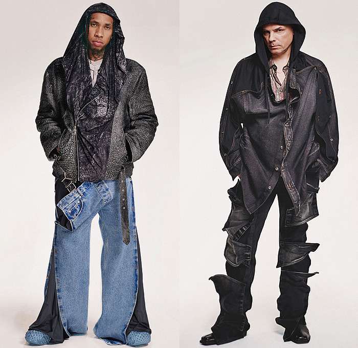 Y/Project 2024-2025 Fall Autumn Winter Mens Lookbook Presentation - Deconstructed Hybrid Experimental Denim Jeans Layers Snap Buttons Tearaway Extra Hem Patches Patchwork Plaid Check Argyle Sweater Knit Jumper Fur Shearling Vest Gilet Hood Outerwear Coat Oversized Quilted Puffer Cargo Pants Utility Pockets Wide Leg Baggy Loose Slouchy Shirt Funnel Neck Draped Blazer Suit Trainers Sneakers