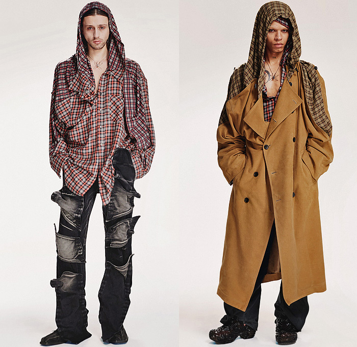 Y/Project 2024-2025 Fall Autumn Winter Mens Lookbook Presentation - Deconstructed Hybrid Experimental Denim Jeans Layers Snap Buttons Tearaway Extra Hem Patches Patchwork Plaid Check Argyle Sweater Knit Jumper Fur Shearling Vest Gilet Hood Outerwear Coat Oversized Quilted Puffer Cargo Pants Utility Pockets Wide Leg Baggy Loose Slouchy Shirt Funnel Neck Draped Blazer Suit Trainers Sneakers