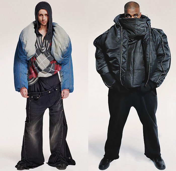 Y/Project 2024-2025 Fall Autumn Winter Mens Lookbook Presentation - Deconstructed Hybrid Experimental Denim Jeans Layers Snap Buttons Tearaway Extra Hem Patches Patchwork Plaid Check Argyle Sweater Knit Jumper Fur Shearling Vest Gilet Hood Outerwear Coat Oversized Quilted Puffer Cargo Pants Utility Pockets Wide Leg Baggy Loose Slouchy Shirt Funnel Neck Draped Blazer Suit Trainers Sneakers