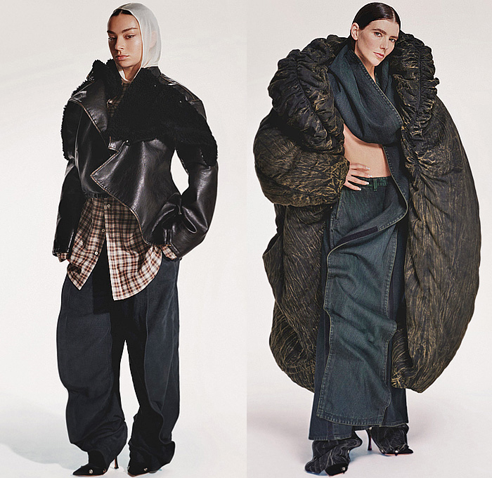 Y/Project 2024-2025 Fall Autumn Winter Womens Collection - Desert Nomad Denim Jeans Deconstructed Hybrid Layers Wrapped Shawl Hood Utility Pockets Extra Panel Patches Snap Buttons Tearaway Vest Blouse Pinstripe Crop Top Midriff Strings Knit Rope Print Tied Fur Cardigan Fleece Plaid Check Oversized Shirtdress Onesie Maxi Dress Turtleneck Sheer Tulle Tabard Blazer Jacket Pantsuit Draped Gown Hypnotic Stripes Quilted Puffer Robe Cloak Coat Boots Handbag