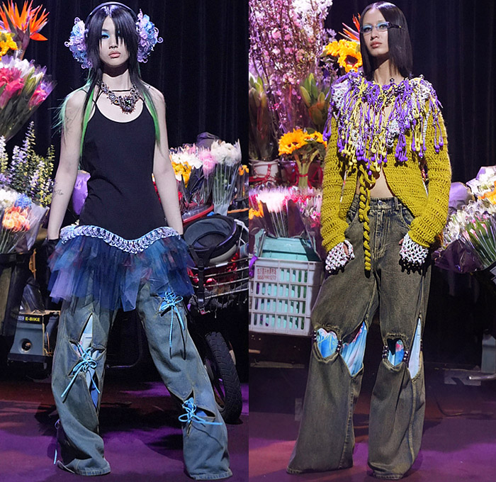 Yueqi Qi 2024-2025 Fall Autumn Winter Womens Lookbook Presentation - Machines of Loving Grace - Bedazzled Flowers Floral Ornaments Sculpture Mesh Cutout Links Fringes Colorful Beads Headphones Ear Buds Dress Headwear Crop Top Midriff Strapless Vest Knit Crochet Patchwork Cardigan Sweater Tulle Tutu Tiered Miniskirt Coat Pockets Denim Jeans Tie-Dye Shorts Cutoffs Stars Holes Tied Knot Hearts Wide Leg Baggy Jacket Tights Sheer Stockings Boots Leg Warmers Opera Gloves 