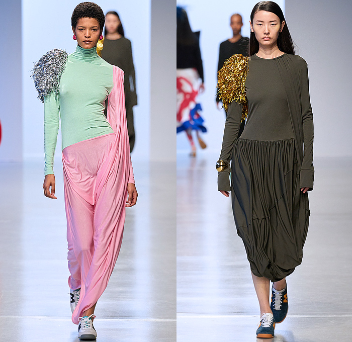 zomer 2024-2025 Fall Autumn Winter Womens Runway Looks - Paris Fashion Week PFW - Sheer Tights Leggings Geometric Print Turtleneck Knit Sweater Jumper Coil Rim Loop Ring Tinsel Fringes Pom-poms Handkerchief Hem Colorblock Asymmetrical Extra Panel Buttons Pellegrina Bulb Skirt Draped Dress Hand-Blown Glass Sculpture Breastplate Layers Tiered Gown Boxy Shoulders Slit Perforated Cutout Coat Quilted Puffer Leather Denim Jeans Patchwork Beads Sneakers