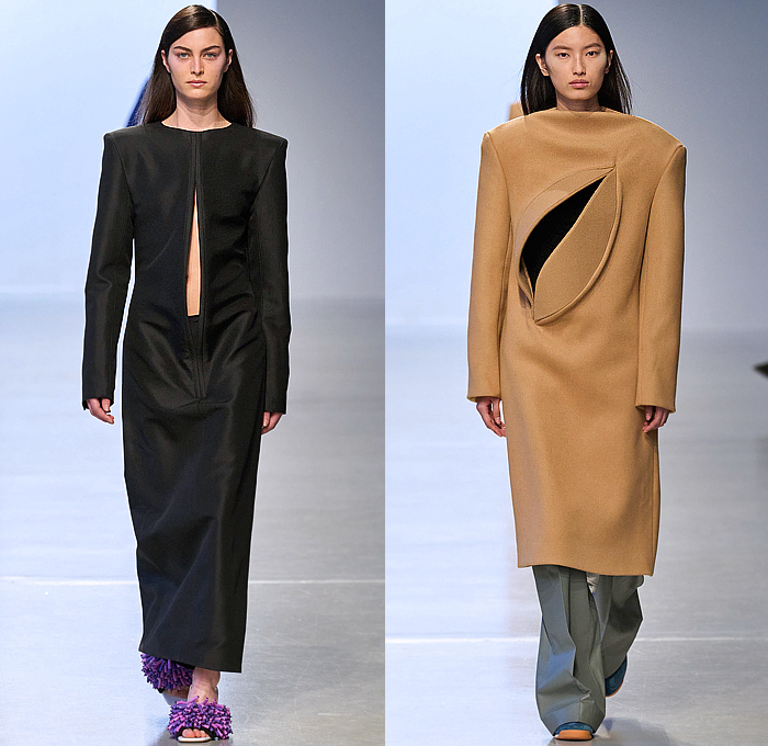 zomer 2024-2025 Fall Autumn Winter Womens Runway Looks - Paris Fashion Week PFW - Sheer Tights Leggings Geometric Print Turtleneck Knit Sweater Jumper Coil Rim Loop Ring Tinsel Fringes Pom-poms Handkerchief Hem Colorblock Asymmetrical Extra Panel Buttons Pellegrina Bulb Skirt Draped Dress Hand-Blown Glass Sculpture Breastplate Layers Tiered Gown Boxy Shoulders Slit Perforated Cutout Coat Quilted Puffer Leather Denim Jeans Patchwork Beads Sneakers