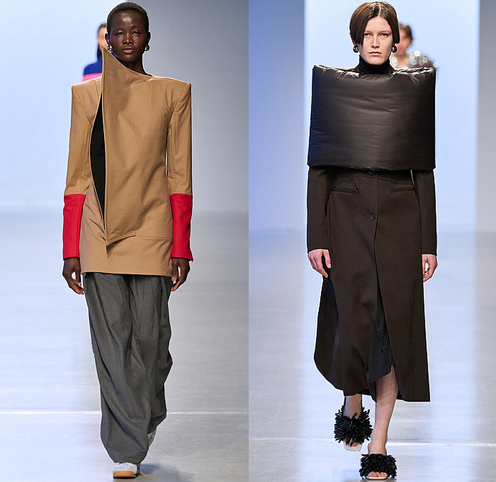 zomer 2024-2025 Fall Autumn Winter Womens Runway Looks - Paris Fashion Week PFW - Sheer Tights Leggings Geometric Print Turtleneck Knit Sweater Jumper Coil Rim Loop Ring Tinsel Fringes Pom-poms Handkerchief Hem Colorblock Asymmetrical Extra Panel Buttons Pellegrina Bulb Skirt Draped Dress Hand-Blown Glass Sculpture Breastplate Layers Tiered Gown Boxy Shoulders Slit Perforated Cutout Coat Quilted Puffer Leather Denim Jeans Patchwork Beads Sneakers