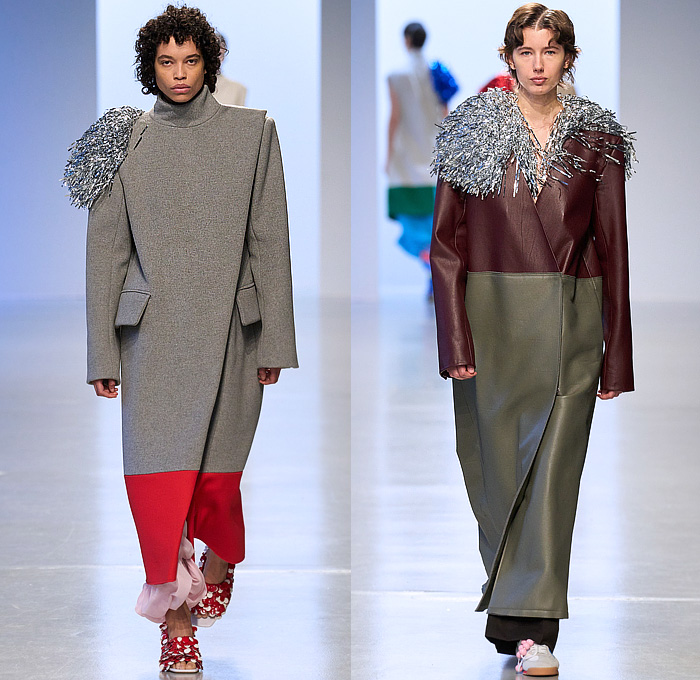 zomer 2024-2025 Fall Autumn Winter Womens Runway Looks - Paris Fashion Week PFW - Sheer Tights Leggings Geometric Print Turtleneck Knit Sweater Jumper Coil Rim Loop Ring Tinsel Fringes Pom-poms Handkerchief Hem Colorblock Asymmetrical Extra Panel Buttons Pellegrina Bulb Skirt Draped Dress Hand-Blown Glass Sculpture Breastplate Layers Tiered Gown Boxy Shoulders Slit Perforated Cutout Coat Quilted Puffer Leather Denim Jeans Patchwork Beads Sneakers