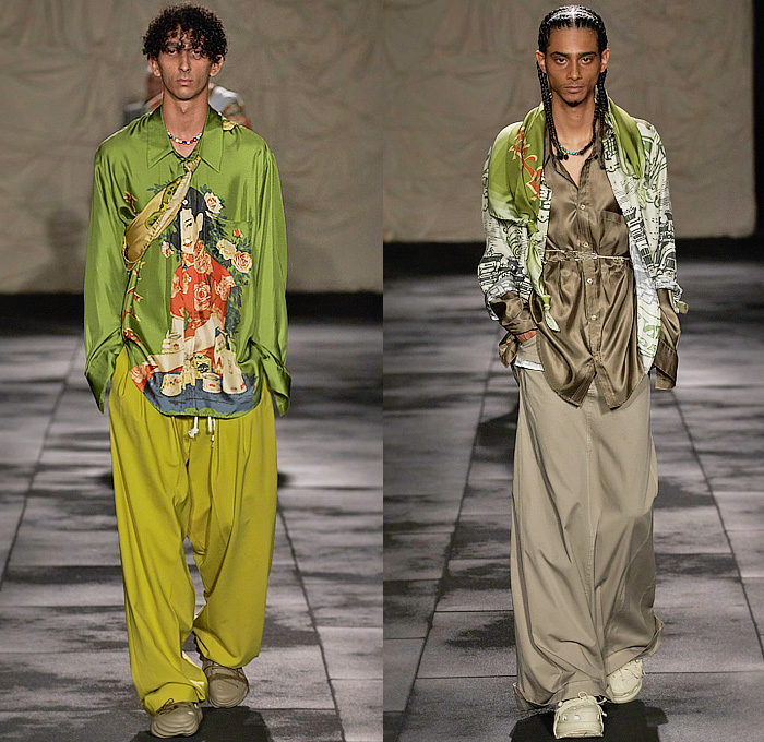 ACT N°1 2024 Spring Summer Mens Lookbook Presentation - Milan Fashion Week Italy - Ancient Vintage Traditional Old Chinese Asian Print Illustration Silk Shirt Tied Knot Flowers Floral Utility Pockets Cargo Pants Scarf Denim Jeans Outerwear Coat Workwear Wide Leg Baggy Loose Slouchy Pants Manskirt Sneakers