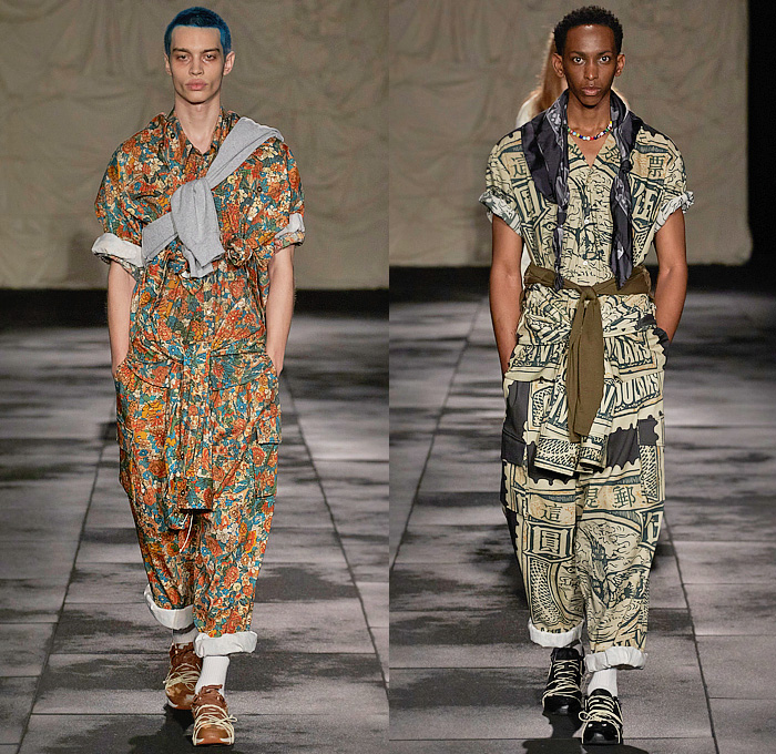 ACT N°1 2024 Spring Summer Mens Lookbook Presentation - Milan Fashion Week Italy - Ancient Vintage Traditional Old Chinese Asian Print Illustration Silk Shirt Tied Knot Flowers Floral Utility Pockets Cargo Pants Scarf Denim Jeans Outerwear Coat Workwear Wide Leg Baggy Loose Slouchy Pants Manskirt Sneakers