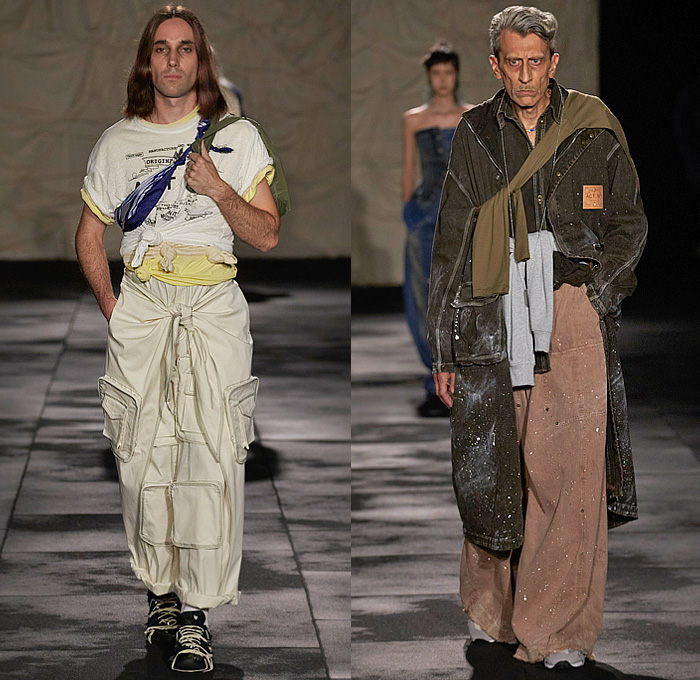 ACT N°1 2024 Spring Summer Mens Lookbook Presentation - Milan Fashion Week Italy - Ancient Vintage Traditional Old Chinese Asian Print Illustration Silk Shirt Tied Knot Flowers Floral Utility Pockets Cargo Pants Scarf Denim Jeans Outerwear Coat Workwear Wide Leg Baggy Loose Slouchy Pants Manskirt Sneakers