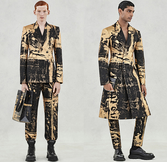 Alexander McQueen 2024 Spring Summer Mens Lookbook Collection - Grunge Print Suit Blazer Double-Breasted Coat Cape Cloak Tied Flowers Floral Embroidery Utility Pockets Officer Shirt Cargo Pants Wide Leg Baggy Loose Dovetail Pinstripe Shorts Knit Crochet Threads Fringes Sweater Vest Golden Rope Braid Adorned Rounded Frankenstein Shoulders Brooch Military Combat Boots Sneakers Handbag