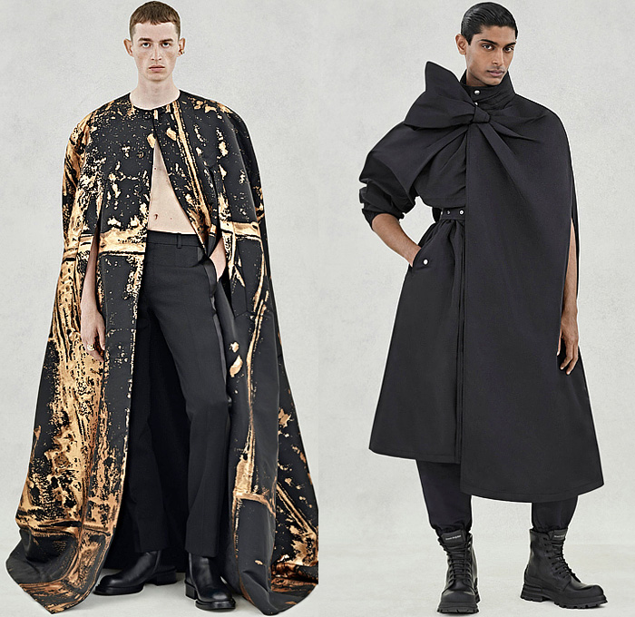 Alexander McQueen 2024 Spring Summer Mens Lookbook Collection - Grunge Print Suit Blazer Double-Breasted Coat Cape Cloak Tied Flowers Floral Embroidery Utility Pockets Officer Shirt Cargo Pants Wide Leg Baggy Loose Dovetail Pinstripe Shorts Knit Crochet Threads Fringes Sweater Vest Golden Rope Braid Adorned Rounded Frankenstein Shoulders Brooch Military Combat Boots Sneakers Handbag