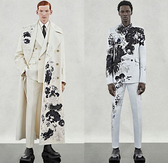 Alexander McQueen 2024 Spring Summer Mens Lookbook Collection - Grunge Print Suit Blazer Double-Breasted Coat Cape Cloak Tied Flowers Floral Embroidery Utility Pockets Officer Shirt Cargo Pants Wide Leg Baggy Loose Dovetail Pinstripe Shorts Knit Crochet Threads Fringes Sweater Vest Golden Rope Braid Adorned Rounded Frankenstein Shoulders Brooch Military Combat Boots Sneakers Handbag
