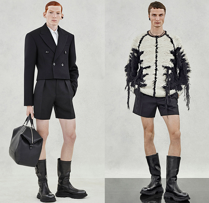 Alexander McQueen 2024 Spring Summer Mens Lookbook Collection - Grunge Print Suit Blazer Double-Breasted Coat Cape Cloak Tied Flowers Floral Embroidery Utility Pockets Officer Shirt Cargo Pants Wide Leg Baggy Loose Dovetail Pinstripe Shorts Knit Crochet Threads Fringes Sweater Vest Golden Rope Braid Adorned Rounded Frankenstein Shoulders Brooch Military Combat Boots Sneakers Handbag