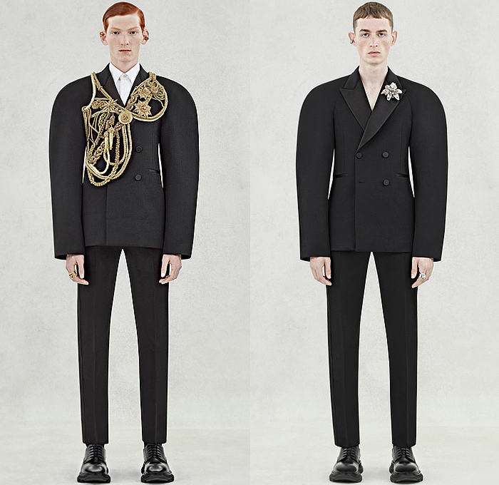Alexander McQueen 2024 Spring Summer Mens Lookbook Collection - Grunge Print Suit Blazer Double-Breasted Coat Cape Cloak Tied Flowers Floral Embroidery Utility Pockets Officer Shirt Cargo Pants Wide Leg Baggy Loose Dovetail Pinstripe Shorts Knit Crochet Threads Fringes Sweater Vest Golden Rope Braid Adorned Rounded Frankenstein Shoulders Brooch Military Combat Boots Sneakers Handbag
