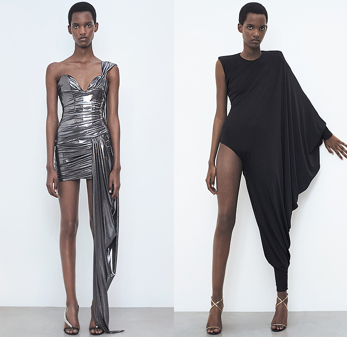 Alexandre Vauthier 2024 Spring Summer Womens Lookbook - Paris Fashion Week Femme PFW - 1990s Nineties Frankenstein Boxy Padded Shoulders Wrap Pleats Brushstrokes Paint Brush Gold Lamé Ribbed Body Contour Mini Dress Silver Chrome Cape Asymmetrical Flare Denim Jeans Acid Wash Bleached Faded Oversized Motorcycle Biker Jacket Shorts Blazer Noodle Strap Swimsuit Harem Pants Baggy Loose Tied Onesie Jumpsuit Unitard Leotard Hybrid Furisode Draped Sleeves Thigh High Boots