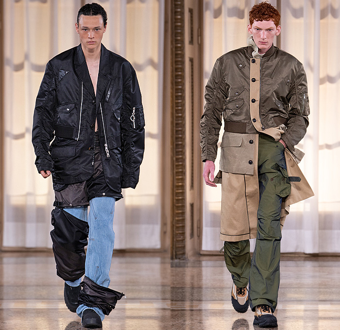 ADSB Andersson Bell 2024 Spring Summer Mens Runway Collection - Milano Moda Uomo Primavera Estate Milan Fashion Week Menswear - Ice Cream Melt Patchwork Hybrid Denim Jeans Wide Leg Baggy Cargo Pants Pockets Destroyed Belts Vest Straps Sweater Chaps Knit Mesh Threads Cardigan Camouflage Biker Jacket Shorts Zipper Detachable Hood Anorak Windbreaker Parachute Pants Mesh Blazer Bomber Jacket Layers Coat Fanny Pack Harness Pouch Vase Bag