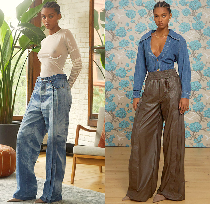 anOnlyChild 2024 Spring Summer Womens Lookbook Presentation - Maxwell Osborne - Sundays - Sheer Long Sleeve Sweater Jumper Pleats Cinch Puff Back Denim Jeans Wide Leg Palazzo Pants Baseball Jersey Neck Undulating Hem Knit Mesh Tank Top Jacket Plaid Check Poufy Sleeves Bell Hem Shorts Blouse Blazer Short Sleeve Pajama Lining Kitten Heels