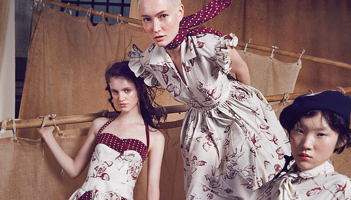 Antonio Marras 2024 Resort Cruise Pre-Spring Womens Lookbook - Denim Jeans Patches Patchwork Blouse Crop Top Midriff Strapless Bedazzled Sequins Paillettes Leaves Feathers Pins Embroidery Accordion Pleats Kimono Pantsuit Oversized Blazer Stripes Shirtdress Parka Trench Coat Knit Cardigan Swirls Waves Mesh Lace Polka Dots Sheer Tulle Pockets Ruffles Bows Ribbons Flowers Floral Roses Plants Dress Miniskirt Wide Leg Shorts Cutoffs Tights Stockings Flats Beret Hat Scarf Sailor Cap