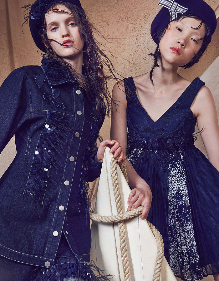 Antonio Marras 2024 Resort Cruise Pre-Spring Womens Lookbook - Denim Jeans Patches Patchwork Blouse Crop Top Midriff Strapless Bedazzled Sequins Paillettes Leaves Feathers Pins Embroidery Accordion Pleats Kimono Pantsuit Oversized Blazer Stripes Shirtdress Parka Trench Coat Knit Cardigan Swirls Waves Mesh Lace Polka Dots Sheer Tulle Pockets Ruffles Bows Ribbons Flowers Floral Roses Plants Dress Miniskirt Wide Leg Shorts Cutoffs Tights Stockings Flats Beret Hat Scarf Sailor Cap