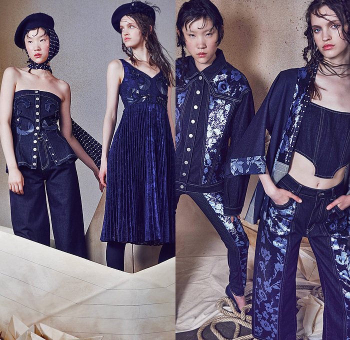 Antonio Marras 2024 Resort Cruise Pre-Spring Womens Lookbook - Denim Jeans Patches Patchwork Blouse Crop Top Midriff Strapless Bedazzled Sequins Paillettes Leaves Feathers Pins Embroidery Accordion Pleats Kimono Pantsuit Oversized Blazer Stripes Shirtdress Parka Trench Coat Knit Cardigan Swirls Waves Mesh Lace Polka Dots Sheer Tulle Pockets Ruffles Bows Ribbons Flowers Floral Roses Plants Dress Miniskirt Wide Leg Shorts Cutoffs Tights Stockings Flats Beret Hat Scarf Sailor Cap