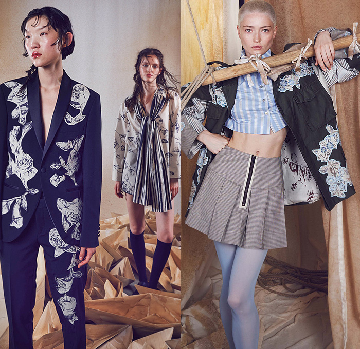 Antonio Marras 2024 Resort Cruise Pre-Spring Womens Lookbook - Denim Jeans Patches Patchwork Blouse Crop Top Midriff Strapless Bedazzled Sequins Paillettes Leaves Feathers Pins Embroidery Accordion Pleats Kimono Pantsuit Oversized Blazer Stripes Shirtdress Parka Trench Coat Knit Cardigan Swirls Waves Mesh Lace Polka Dots Sheer Tulle Pockets Ruffles Bows Ribbons Flowers Floral Roses Plants Dress Miniskirt Wide Leg Shorts Cutoffs Tights Stockings Flats Beret Hat Scarf Sailor Cap