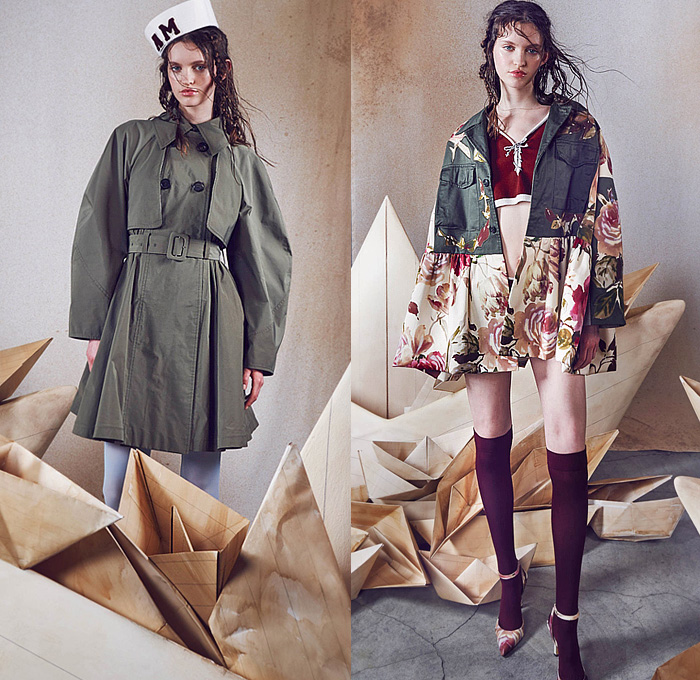 Antonio Marras 2024 Resort Cruise Pre-Spring Womens Lookbook - Denim Jeans Patches Patchwork Blouse Crop Top Midriff Strapless Bedazzled Sequins Paillettes Leaves Feathers Pins Embroidery Accordion Pleats Kimono Pantsuit Oversized Blazer Stripes Shirtdress Parka Trench Coat Knit Cardigan Swirls Waves Mesh Lace Polka Dots Sheer Tulle Pockets Ruffles Bows Ribbons Flowers Floral Roses Plants Dress Miniskirt Wide Leg Shorts Cutoffs Tights Stockings Flats Beret Hat Scarf Sailor Cap