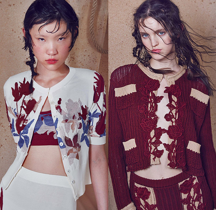 Antonio Marras 2024 Resort Cruise Pre-Spring Womens Lookbook - Denim Jeans Patches Patchwork Blouse Crop Top Midriff Strapless Bedazzled Sequins Paillettes Leaves Feathers Pins Embroidery Accordion Pleats Kimono Pantsuit Oversized Blazer Stripes Shirtdress Parka Trench Coat Knit Cardigan Swirls Waves Mesh Lace Polka Dots Sheer Tulle Pockets Ruffles Bows Ribbons Flowers Floral Roses Plants Dress Miniskirt Wide Leg Shorts Cutoffs Tights Stockings Flats Beret Hat Scarf Sailor Cap