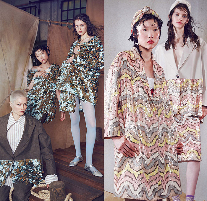 Antonio Marras 2024 Resort Cruise Pre-Spring Womens Lookbook - Denim Jeans Patches Patchwork Blouse Crop Top Midriff Strapless Bedazzled Sequins Paillettes Leaves Feathers Pins Embroidery Accordion Pleats Kimono Pantsuit Oversized Blazer Stripes Shirtdress Parka Trench Coat Knit Cardigan Swirls Waves Mesh Lace Polka Dots Sheer Tulle Pockets Ruffles Bows Ribbons Flowers Floral Roses Plants Dress Miniskirt Wide Leg Shorts Cutoffs Tights Stockings Flats Beret Hat Scarf Sailor Cap