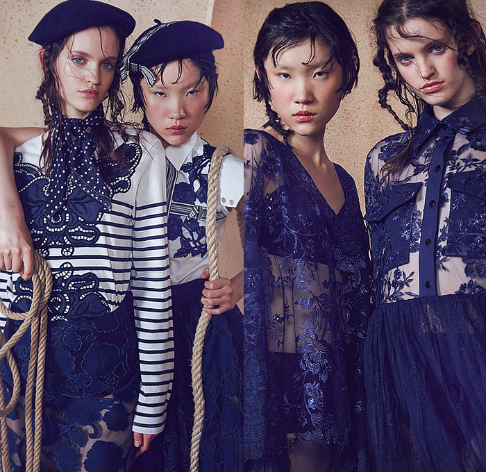 Antonio Marras 2024 Resort Cruise Pre-Spring Womens Lookbook - Denim Jeans Patches Patchwork Blouse Crop Top Midriff Strapless Bedazzled Sequins Paillettes Leaves Feathers Pins Embroidery Accordion Pleats Kimono Pantsuit Oversized Blazer Stripes Shirtdress Parka Trench Coat Knit Cardigan Swirls Waves Mesh Lace Polka Dots Sheer Tulle Pockets Ruffles Bows Ribbons Flowers Floral Roses Plants Dress Miniskirt Wide Leg Shorts Cutoffs Tights Stockings Flats Beret Hat Scarf Sailor Cap